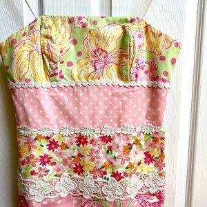 Lily Pulitzer Dress Strapless Pink Yellow Prints Eyelet Lace Lined Sheath Size 0
